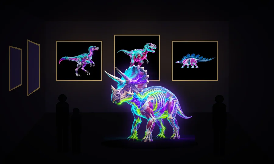 A dark exhibition room with framed glowing dinosaur plates on the walls and a glowing Triceratops